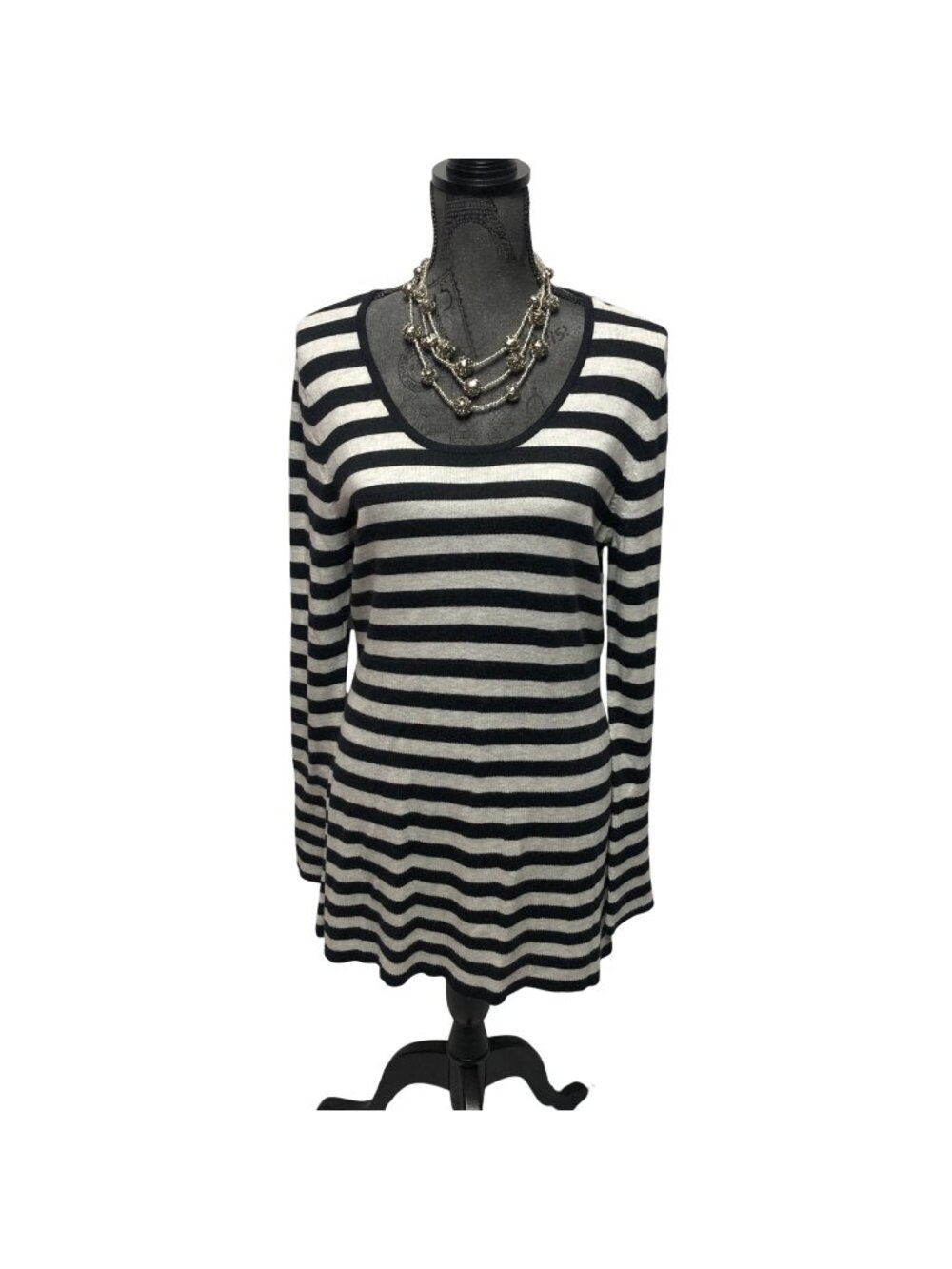 Tribal Sweater Womens Size Large Black Gray Stripe Long Sleeve Angora Blend NEW